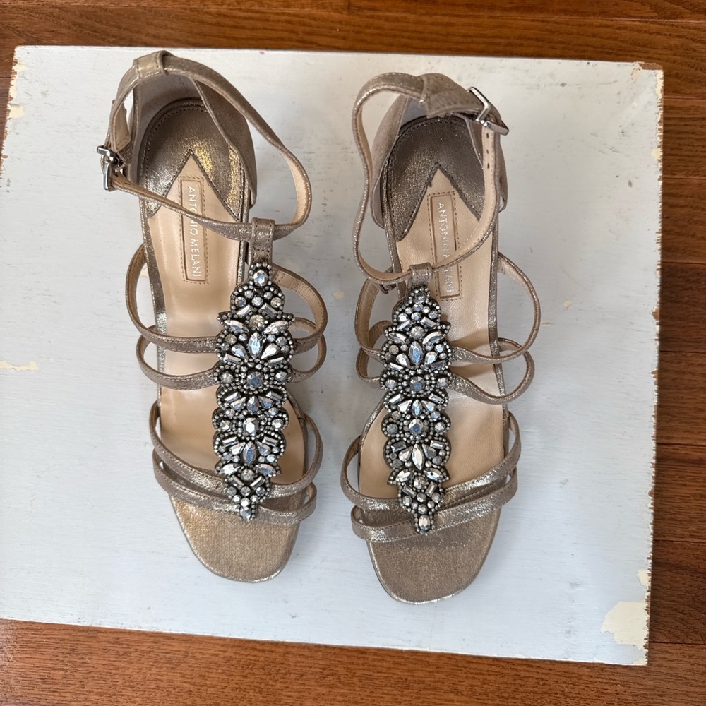 Antonio Melani Gold Metallic 3” Heels With Jewel Embellishments